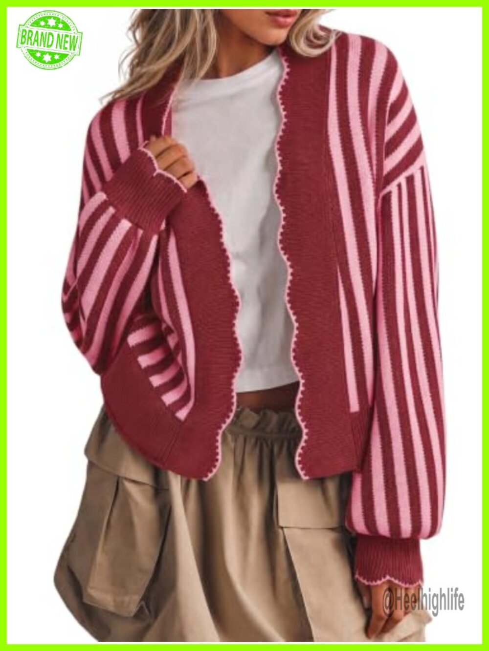 Women's Striped Open Front Cardigan Ruffle Long Sleeve Knit Sweater